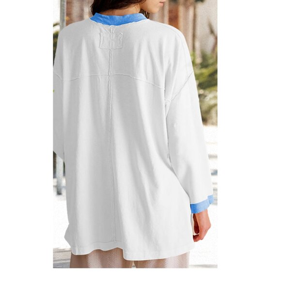 Oversize Lightweight Long Sleeve Crew Neck Blouse Top White Blue M - Picture 2 of 9